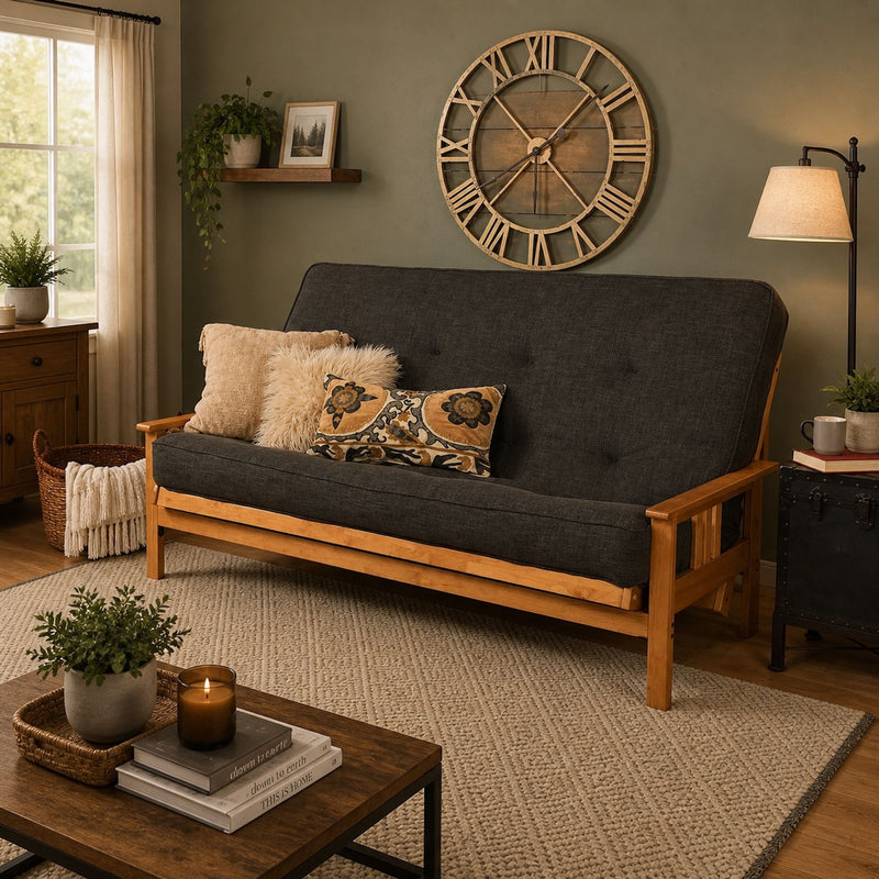 Queen-size futon frame sofa with dark gray fabric and two accent pillows