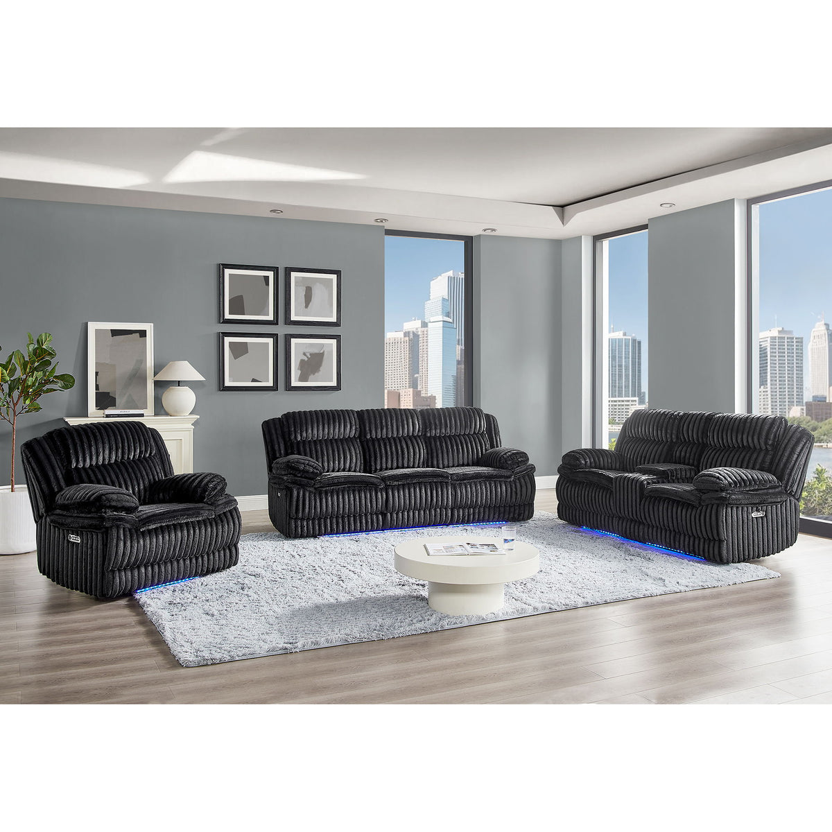 Black power recliners with blue LED accents, three-piece view