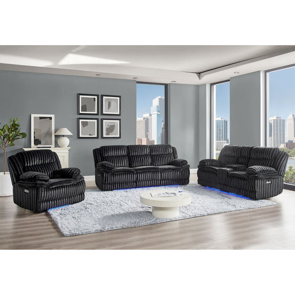 Black power recliners with blue LED accents, three-piece view