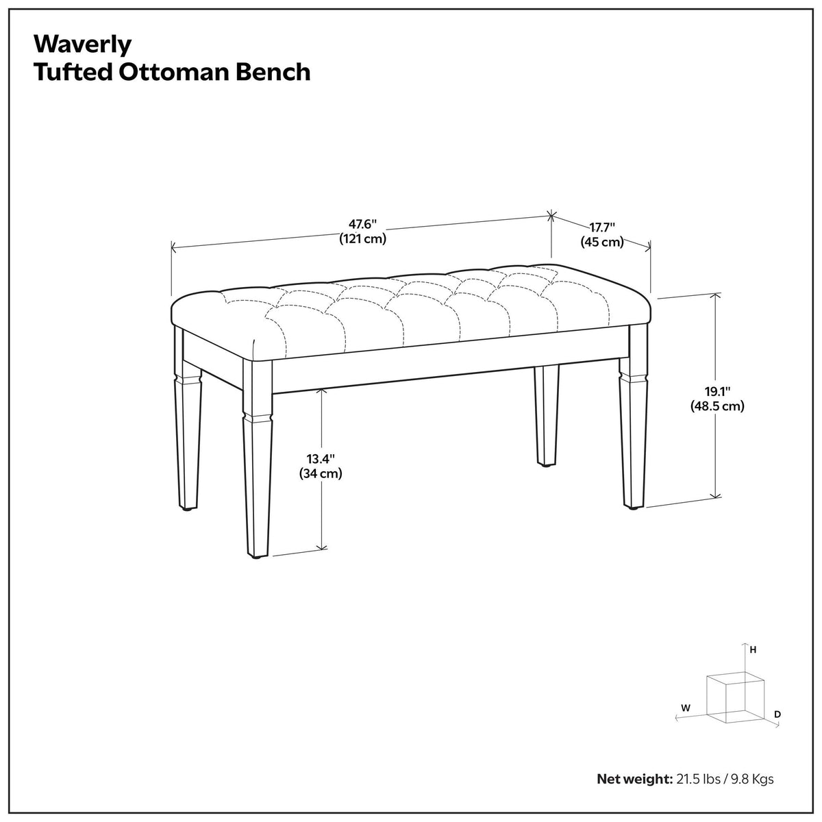 Tufted ottoman bench size diagram with width, depth, and height measurements