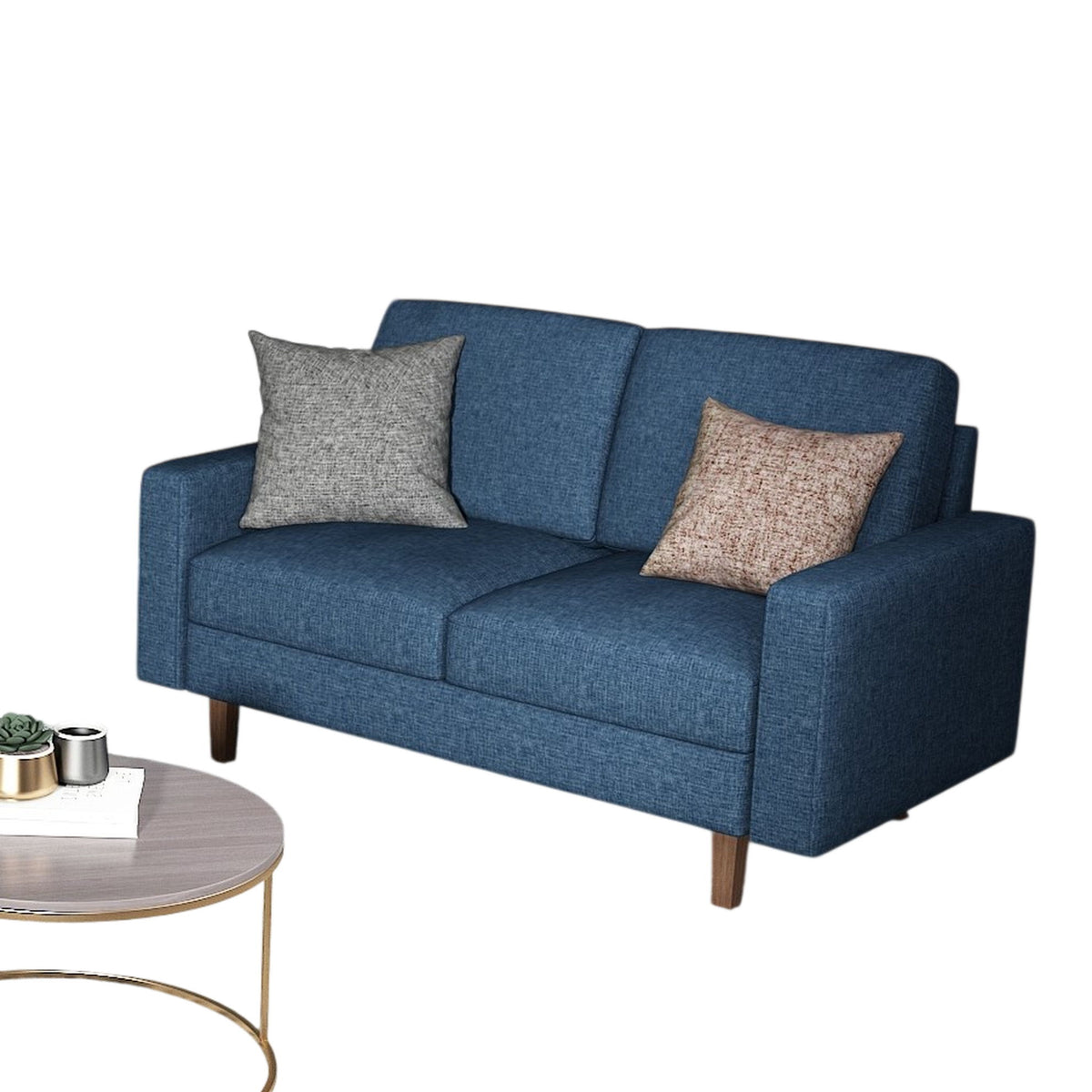 Blue two-seat loveseat with removable cushions, decorative pillows, and wooden legs