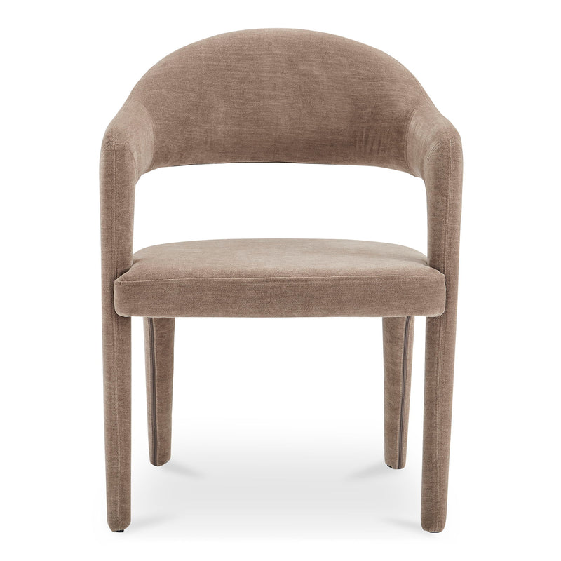 Camel upholstered dining chair with curved arms, rounded back, padded seat, and tapered legs