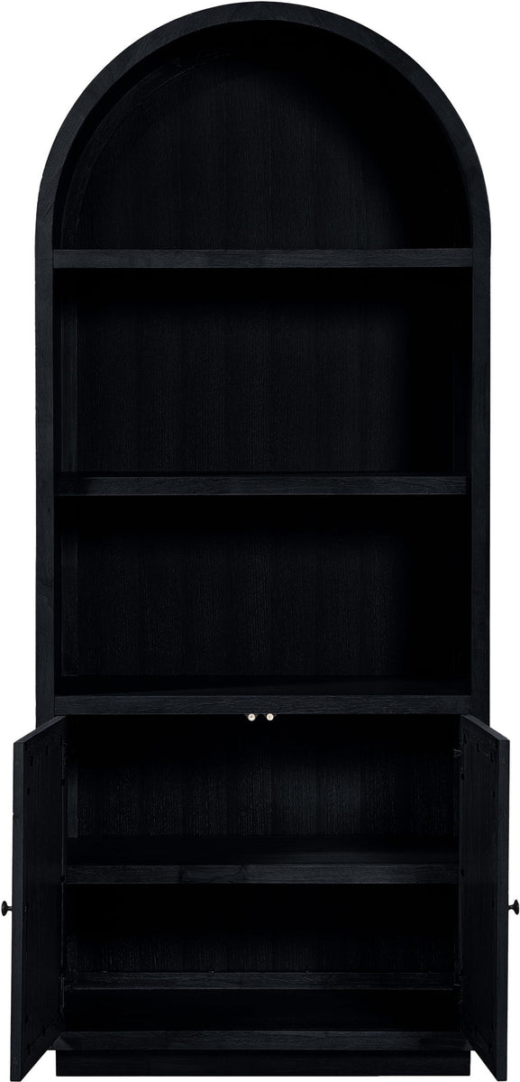 Black arched bookcase with three open shelf levels and no doors