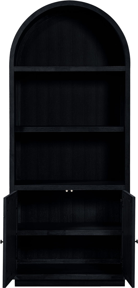 Black arched bookcase with three open shelf levels and no doors