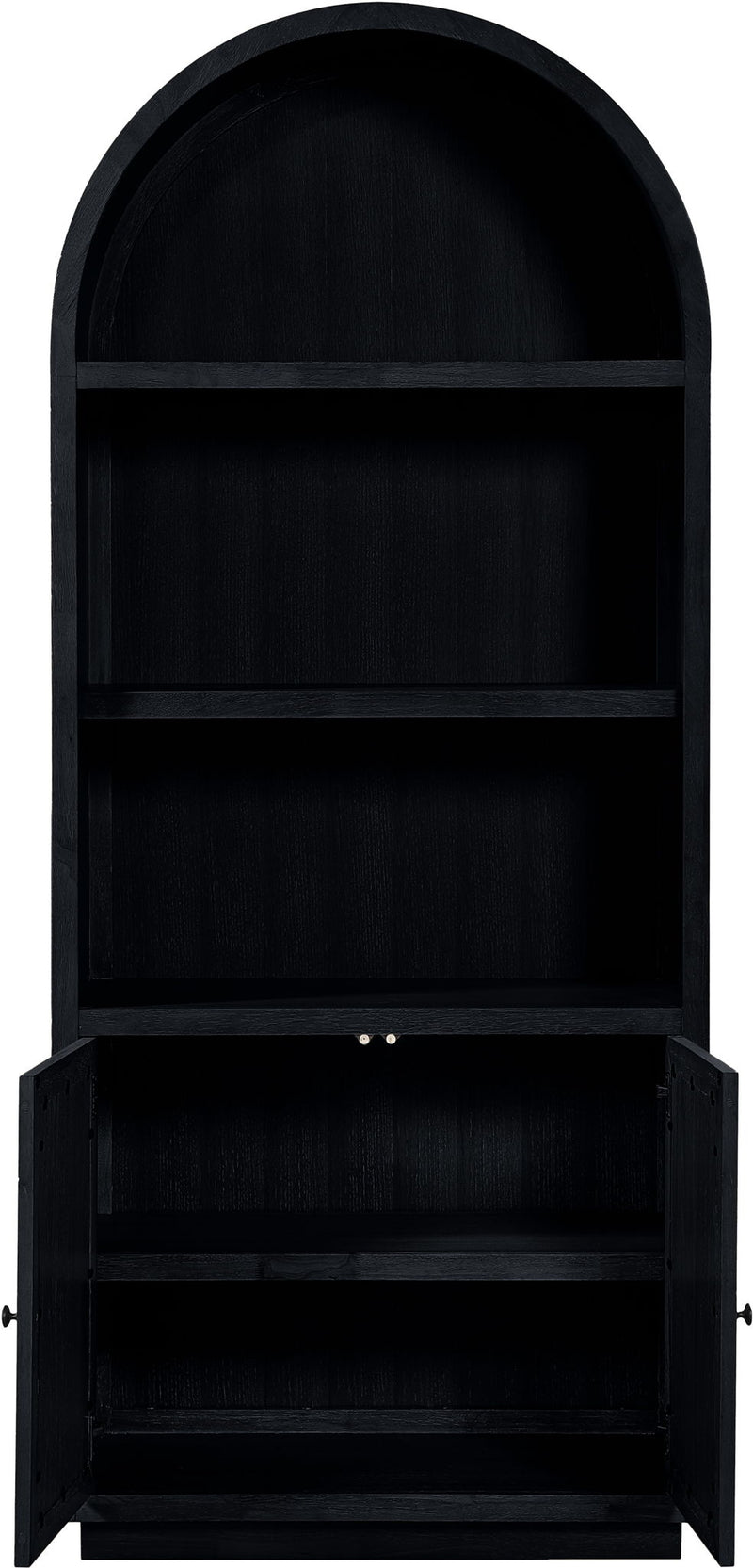 Black arched bookcase with three open shelf levels and no doors