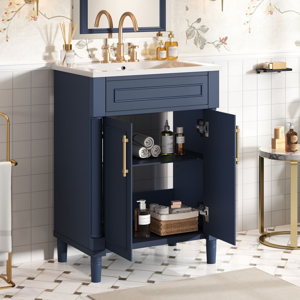 Blue vanity cabinet with integrated single sink; open two-door storage shelf