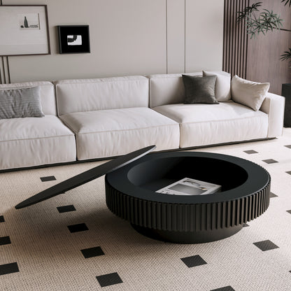 Round Coffee Table Hidden Storage Solid Wood Veneer Black 39.37-inch