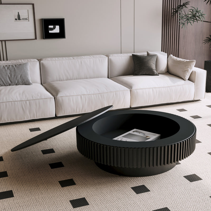 Round Coffee Table Hidden Storage Solid Wood Veneer Black 39.37-inch