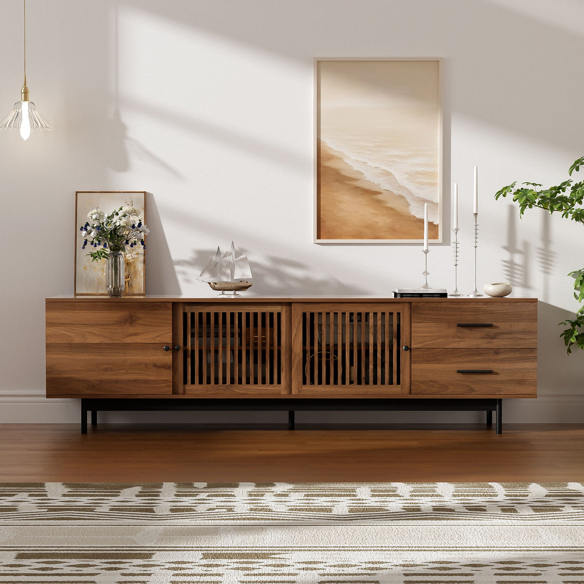 Walnut TV media console with two drawers and double slatted center doors