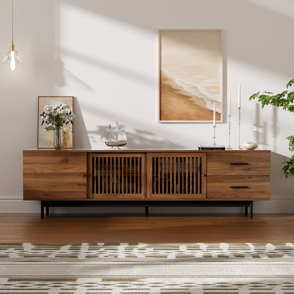 Walnut TV media console with two drawers and double slatted center doors