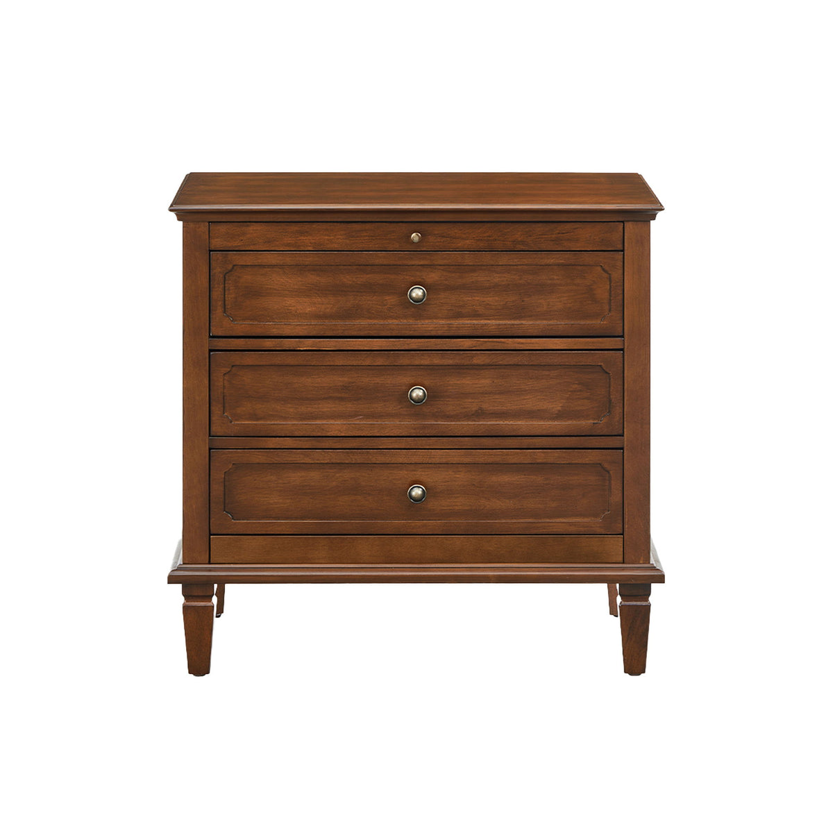 Dark brown three-drawer nightstand with decorative drawer fronts and tapered legs