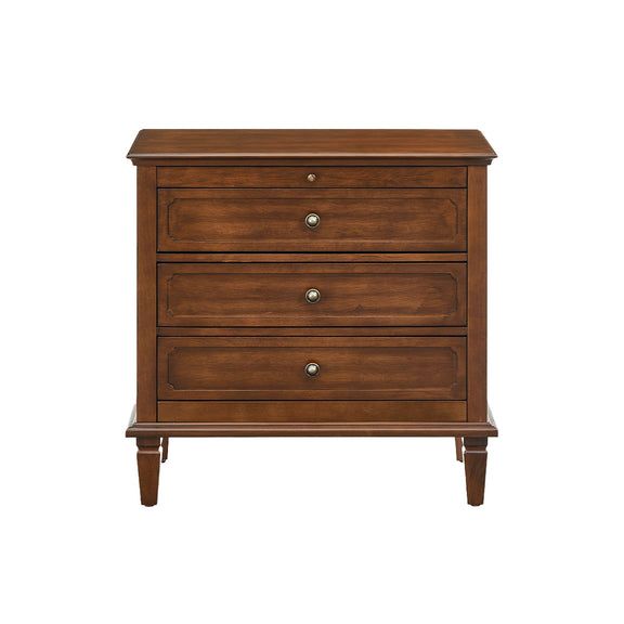 Dark brown three-drawer nightstand with decorative drawer fronts and tapered legs