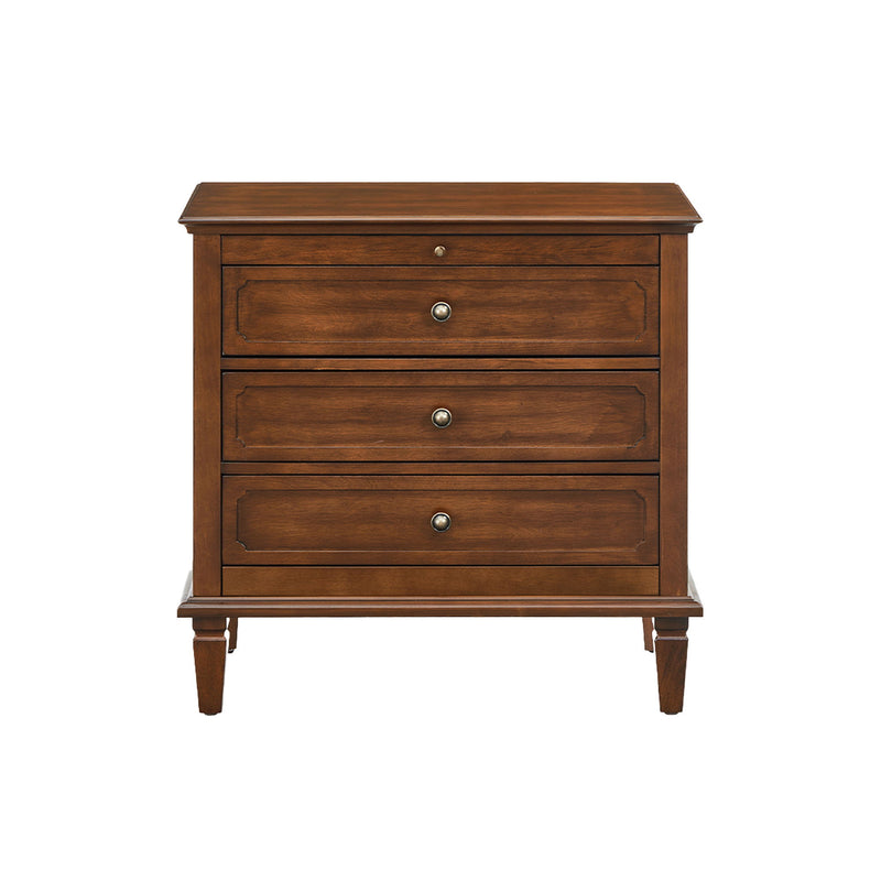 Dark brown three-drawer nightstand with decorative drawer fronts and tapered legs