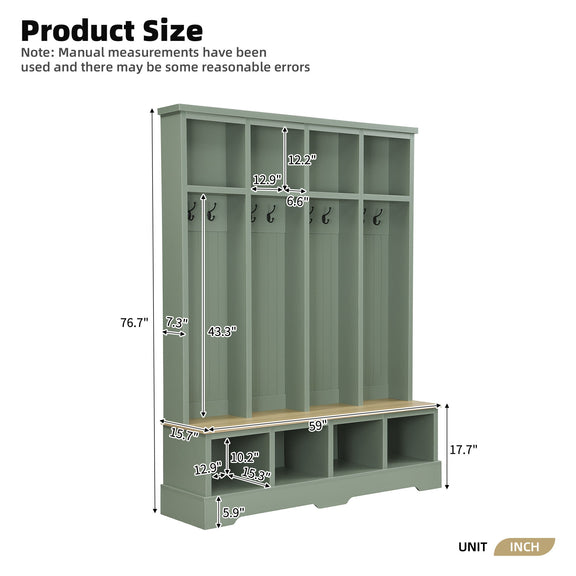 Green hall tree bench size view with 8 hooks and open storage compartments.
