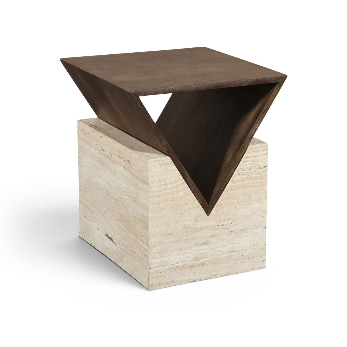 Opus - Travertine And Mango Wood End Table - Brown / Beige