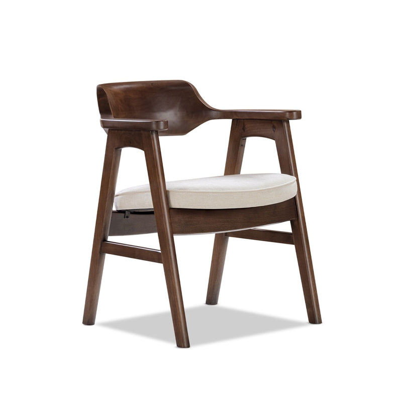 Light beige upholstered dining arm chair with curved back and dark wood frame