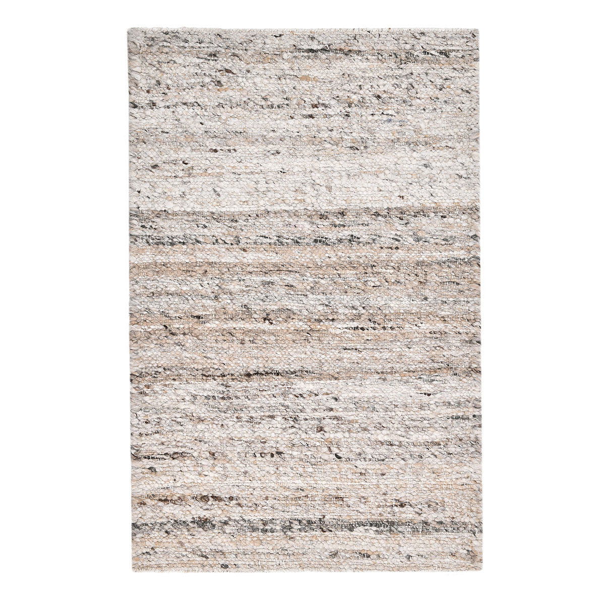 Natural beige area rug with speckled texture and layered horizontal stripe bands.