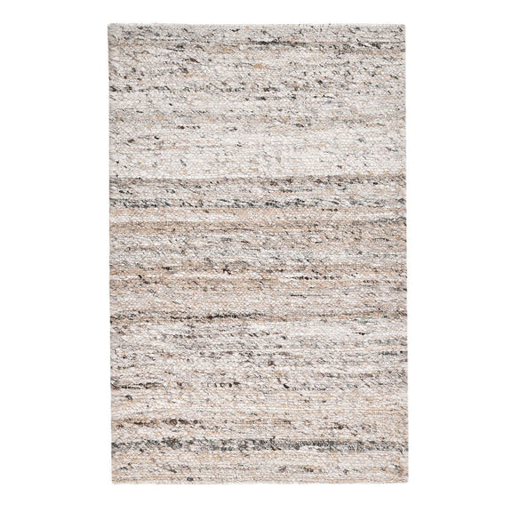 Natural beige area rug with speckled texture and layered horizontal stripe bands.