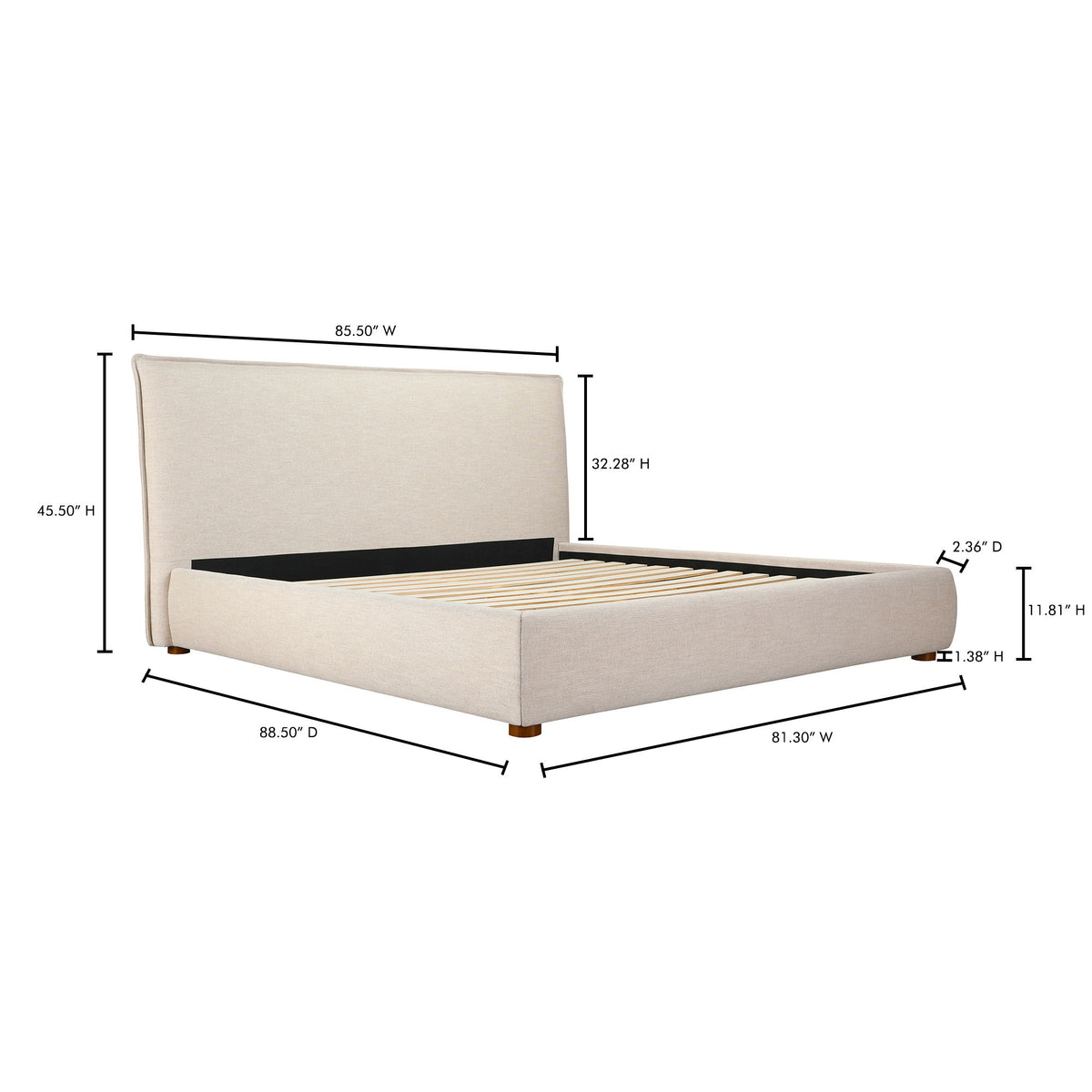 King upholstered bed frame with tall headboard, wheat beige fabric, size diagram