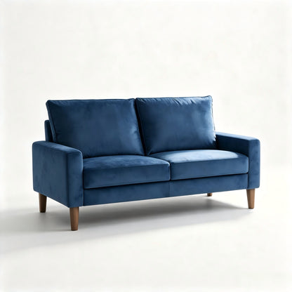 Blue upholstered 2-seat loveseat sofa with square arms and two back cushions