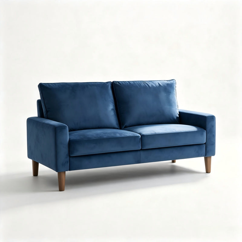 Blue upholstered 2-seat loveseat sofa with square arms and two back cushions