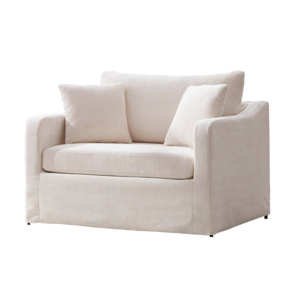 Modern Upholstered Farmhouse Accent Chair in Beige Chenille with Black Metal Legs, 43.9' Wide Armchair with Two Bolster Pillows for Living Room, Office, or Lounge