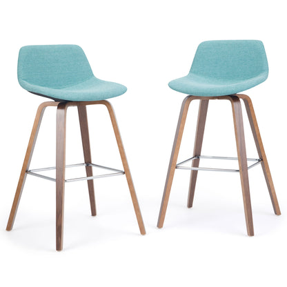 Counter-height bar stool set of 2, light blue seats, light brown wood legs