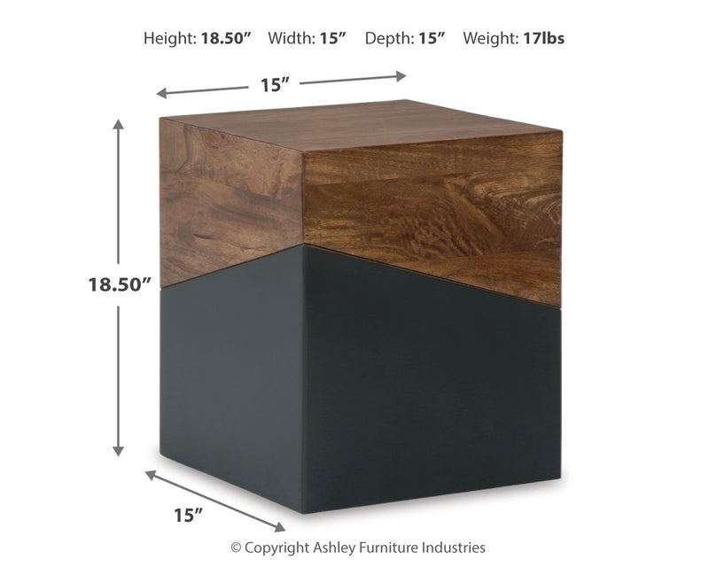Brown wood cube accent table with gunmetal gray base, square top, corner detail.