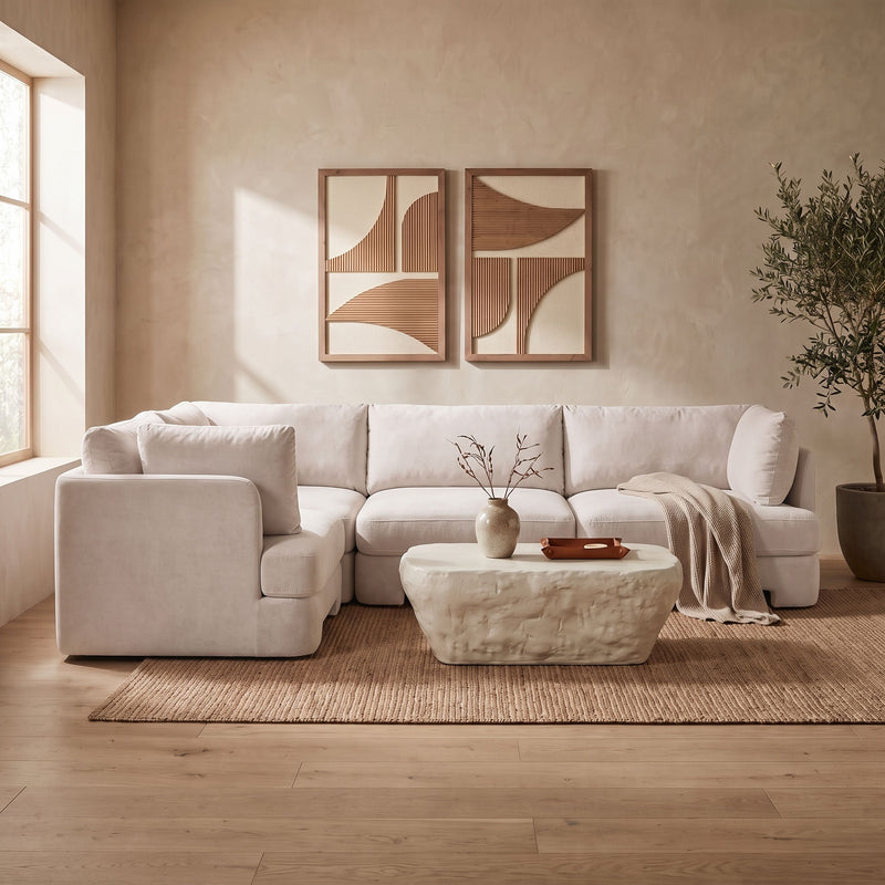 Light beige velvet performance fabric sectional with left arm chaise and tufted cushions