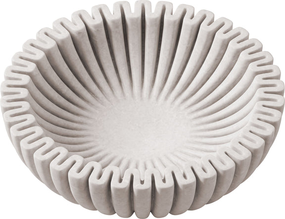 Large decorative bowl, view from above, concentric ridges on light gray surface.