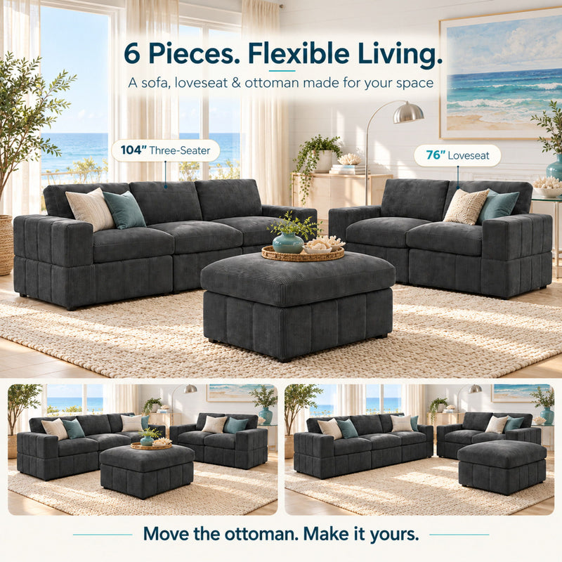 Dark gray sectional sofa with loveseat and ottoman, 6-piece modular set