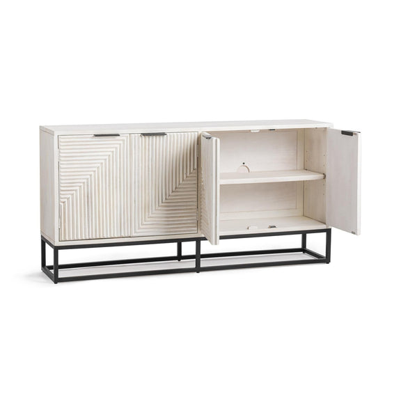 Flint sideboard, white wash finish, open cabinet with shelves and black base legs