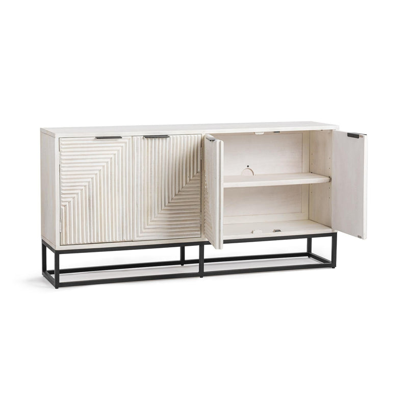 Flint sideboard, white wash finish, open cabinet with shelves and black base legs