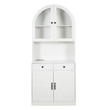 Tall Arched Pantry Cabinet With Charging Station, Adjustable Shelves, Coffee Bar