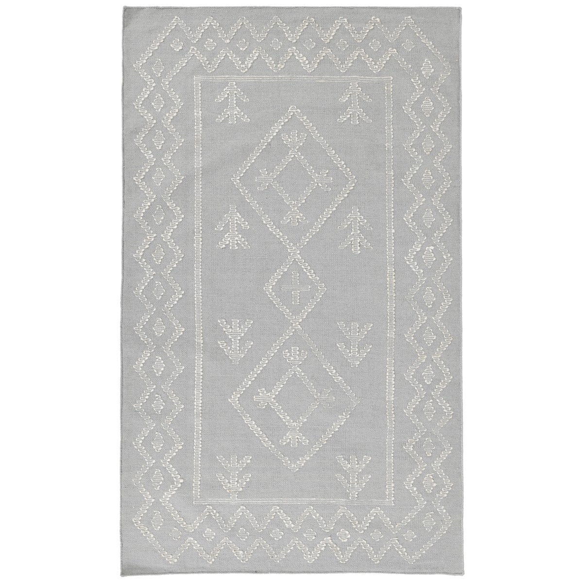 Gray rug with thin framed rectangle around large diamond medallion
