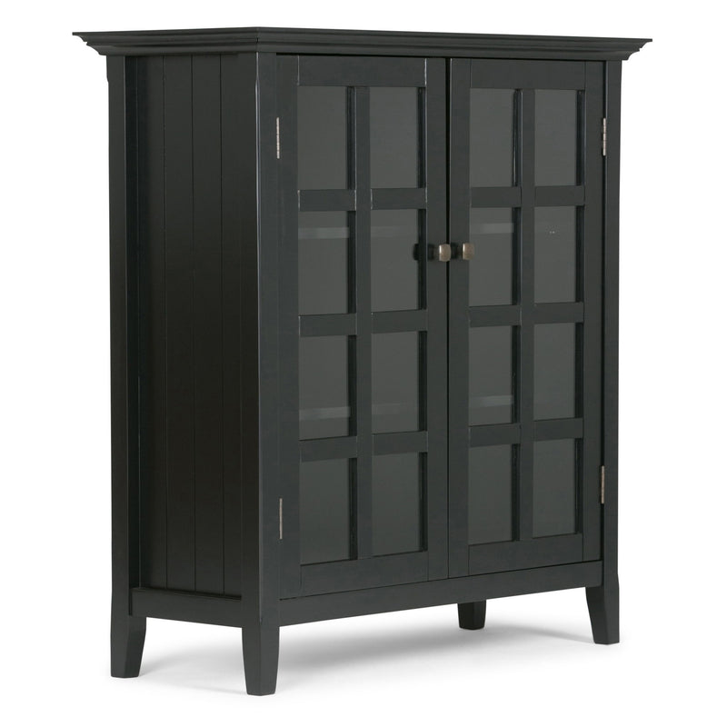 Medium storage cabinet with two glass doors in dark gray/black and silver knob hardware.