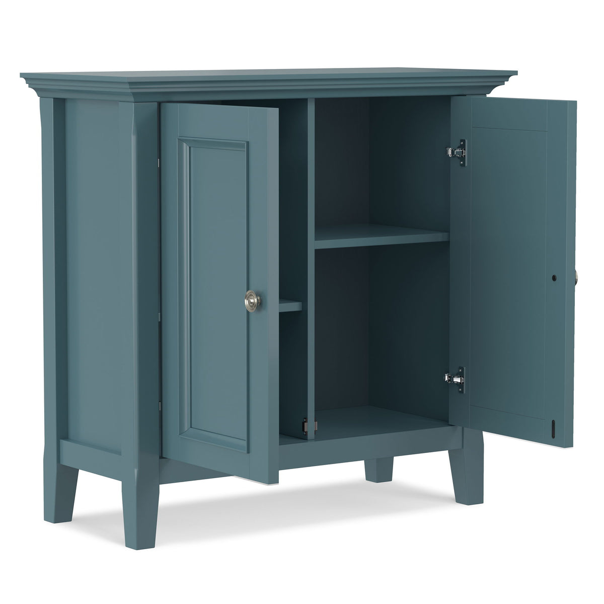 Blue two-door storage cabinet with doors open to reveal interior shelves