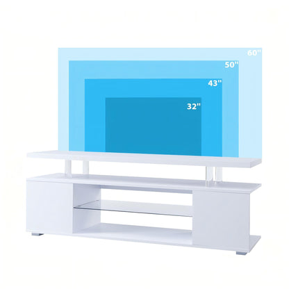 White TV stand with LED, open center shelves, and side cabinet storage.