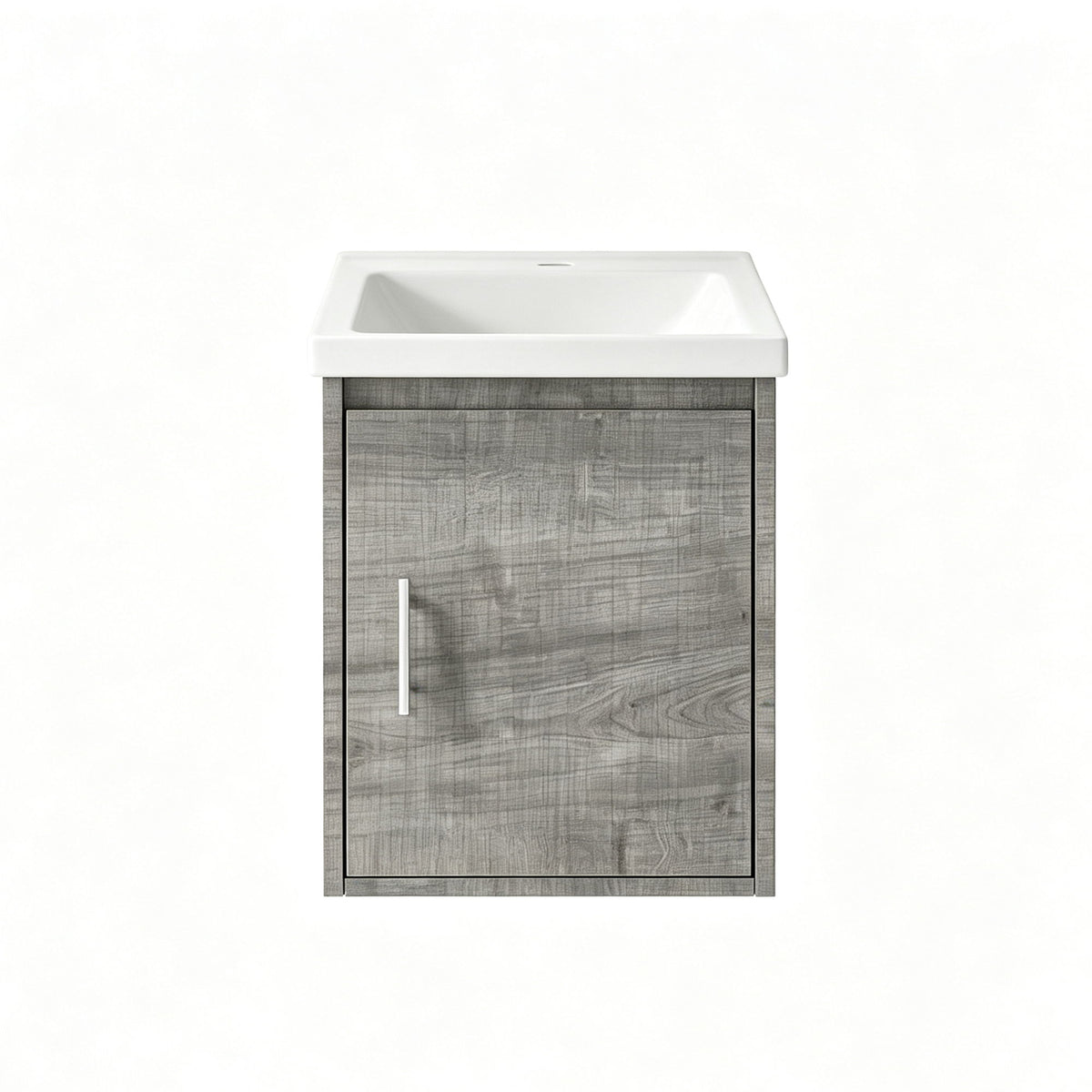 Wall-mounted bathroom vanity with sink, gray cabinet door and silver vertical handle