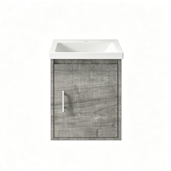 Wall-mounted bathroom vanity with sink, gray cabinet door and silver vertical handle