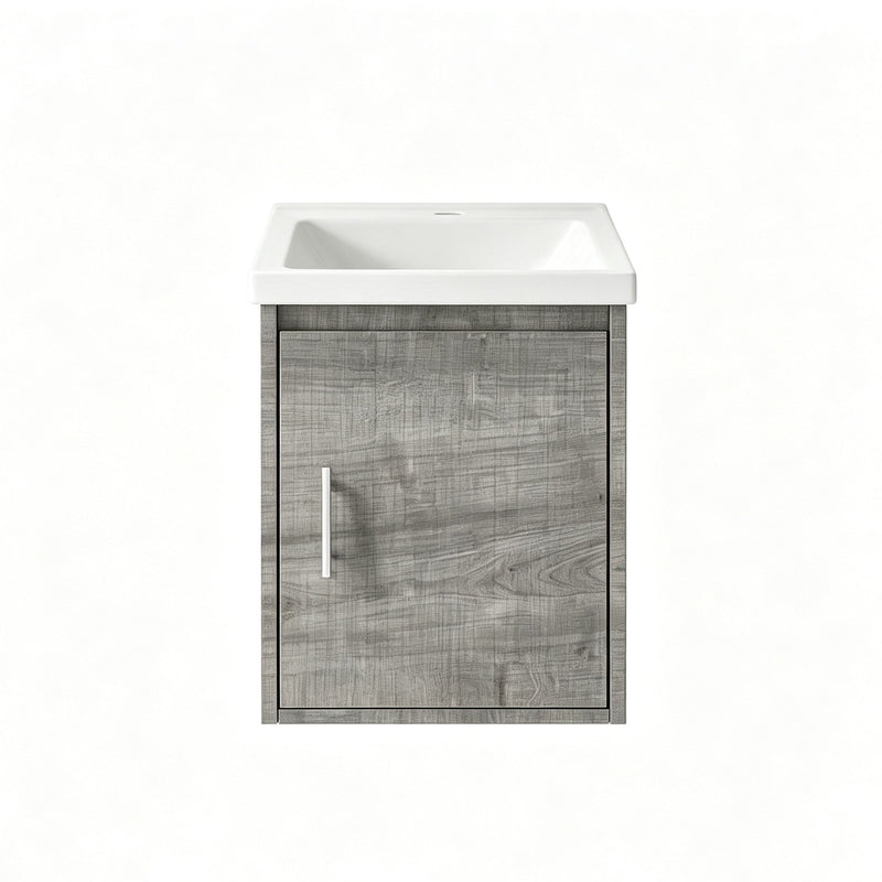 Wall-mounted bathroom vanity with sink, gray cabinet door and silver vertical handle