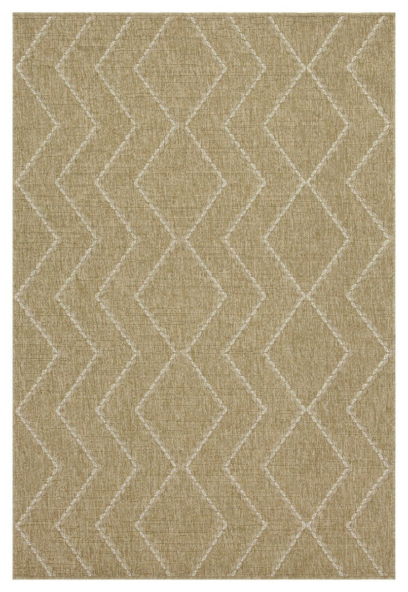 Light brown jute area rug with repeating chevron diamond geometric pattern.