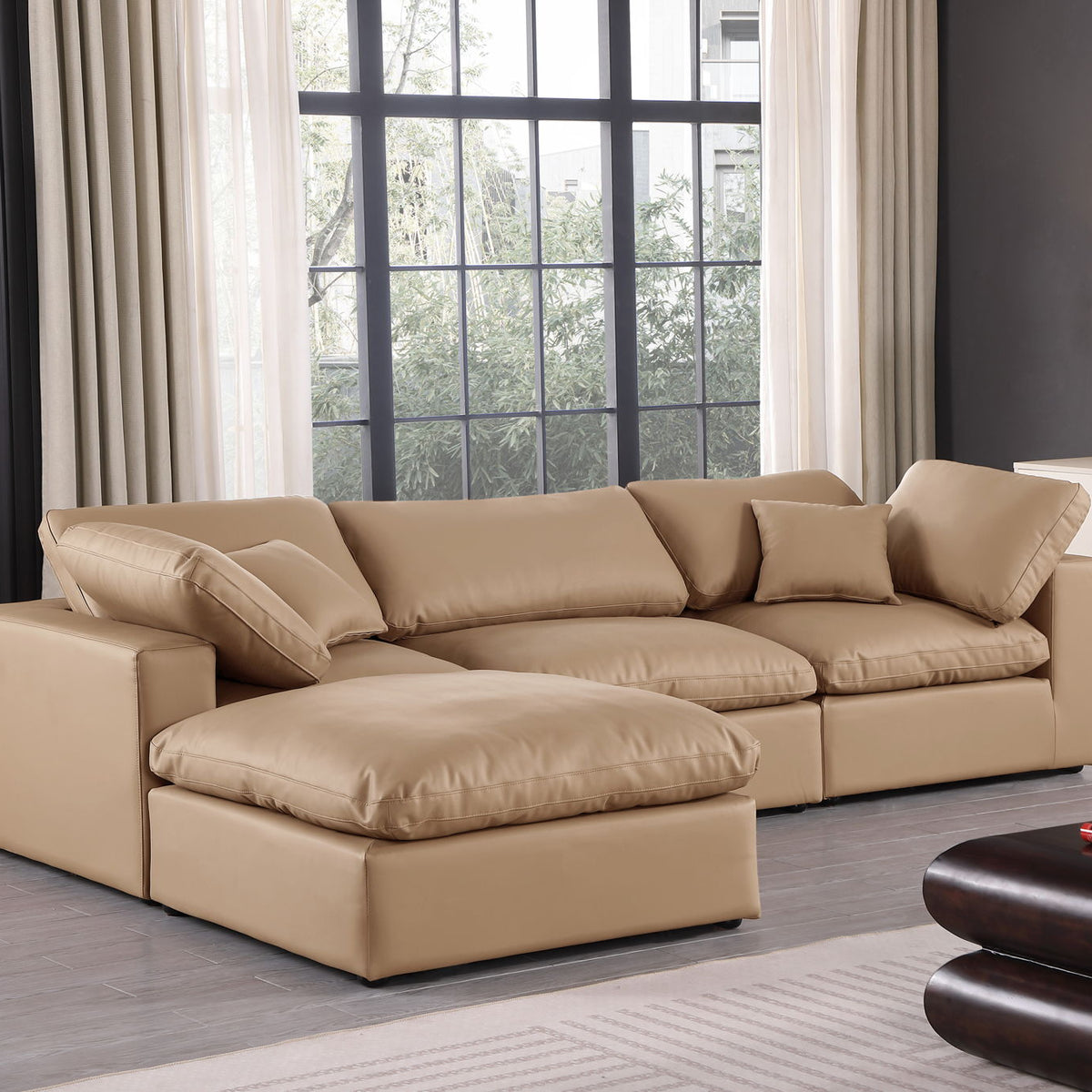 Comfy - 4 Piece Faux Leather Modular Sectional With Chaise - Tan