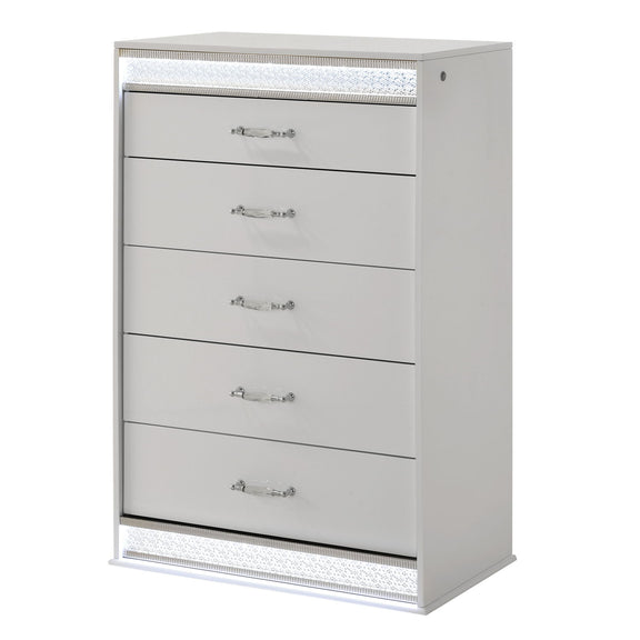 White 5-drawer chest with chrome knobs and LED light trim on top and bottom.