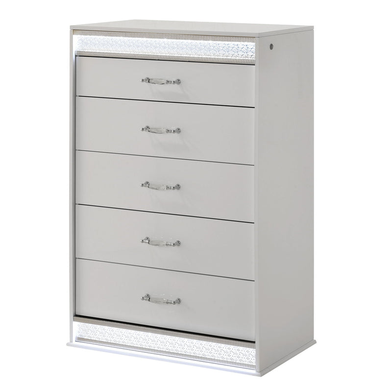 White 5-drawer chest with chrome knobs and LED light trim on top and bottom.