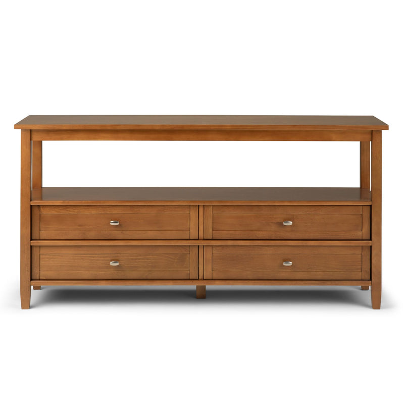 Light golden brown wood console sofa table with four drawers and open shelf base