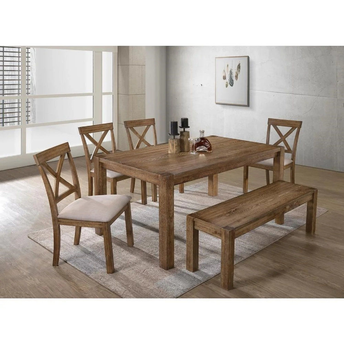 Oak dining table set with bench and four X-back chairs, gray upholstered seat pads