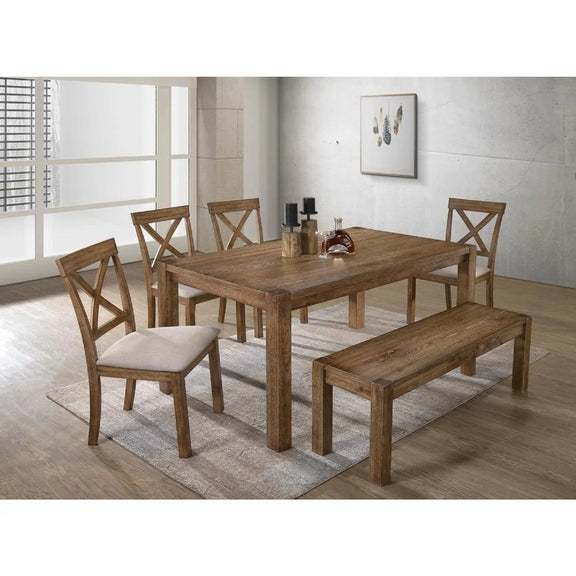 Oak dining table set with bench and four X-back chairs, gray upholstered seat pads