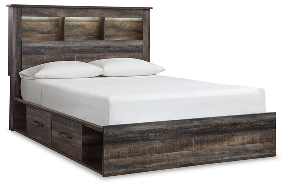 Panel bookcase bed with bookcase headboard and two side drawers, dark wood, white bedding