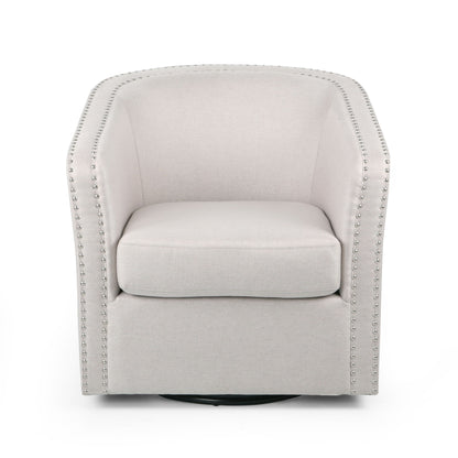 Light gray swivel club chair with nailhead trim, rounded arms, cushioned seat